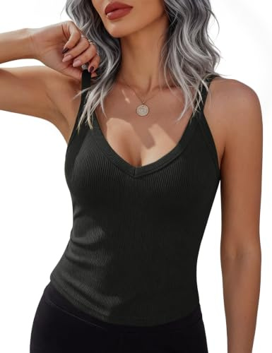 Lonya Top Damen Sommer Ärmellos Sexy V-Ausschnit Y2K Spaghetti Tank Top Sport Oberteile Basic Camisole Shirt