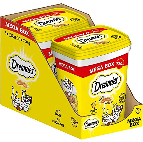 DREAMIES Katzensnacks - 2x350g - mit Käse - Traumhaft knusprige Katzen Leckerlies mit zarter Füllung - Mega Box