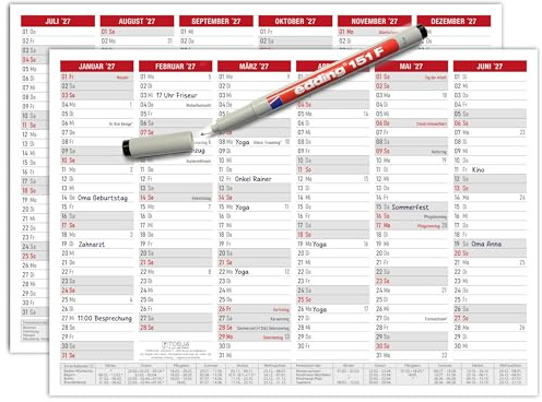 TOBJA® Tafelkalender 2027 abwischbar - Wandkalender 2027 A4 Rot inkl. 1 Stift - mit Ferien, Feiertagen & KW, wiederbeschreibbar, extra dickes Papier | Kalender 2027 A4 abwischbar