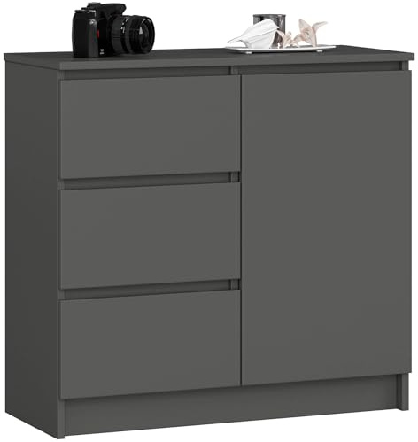 AKORD Kommode K-80 Jerry mit 3 Schubladen | Schrank mit 2 Einlegeböden und 1 Tür | Für das Wohnzimmer Schlafzimmer | Moderne | 16mm Laminierte Platte | 80x77x35 cm | Graphitgrau + Graphitgrau Front