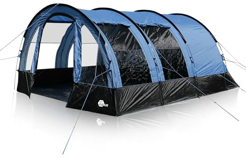 your GEAR Zelt Mistral - Tunnelzelt für 4 oder 6 Personen, Familienzelt mit Stehhöhe, Campingzelt mit UV 50+ Sonnenschutz und 3000 mm Wassersäule (Blau, Grau, 6 Personen)
