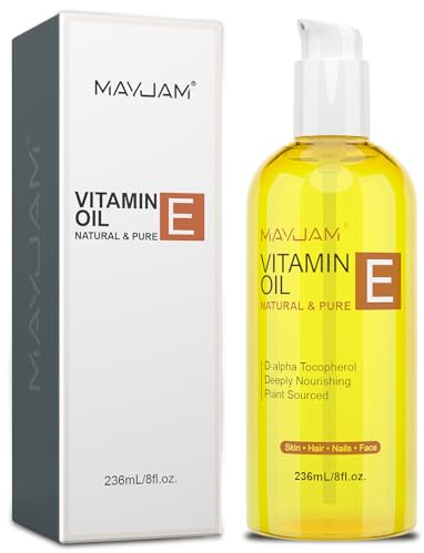 MAYJAM Vitamin E Öl 236ML, 50,000 IU, Trägeröl 100% Reines Natürliches Premium Qualität, Pflegeöl Mit Jojobaöl, Körperöl für Haut, Gesicht, Haare und Narben, Reparatur und Pflege, Vitamin E Oil
