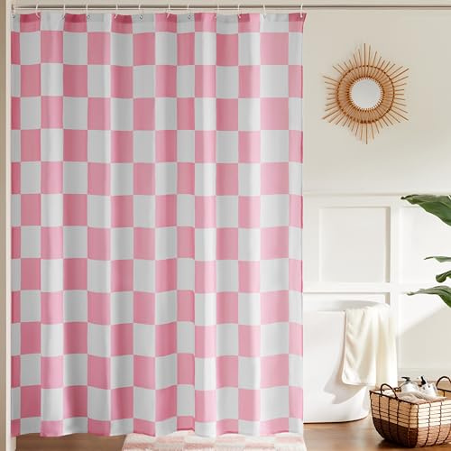 Ohocut karierter Duschvorhang für Badezimmer, hübsches Retro-Schachbrettmuster, Duschgardine in Vintage-Ästhetik, maschinenwaschbar, Stoffduschvorhang, Rosafarben, 183 x 183 cm
