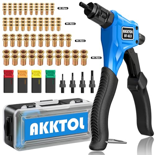 AKKTOL Nietmutternzange, Nietmutternzange Set, Gewindenieten Zange Set mit 100 Nietmuttern M6, M5, M4, M3, 4 Dorne und Tragekoffer, Einnietmutternzange, Einhand-Nietmutter Zange Werkzeug