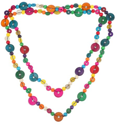 PRETYZOOM Lange Bunte Kette Damen, Holzperlen Kette 152 cm, Boho Schmuck | Handgefertigte Ethno Statement Kette aus Holz und Kokosnuss, farbecht, doppelt tragbar, ohne Verschluss