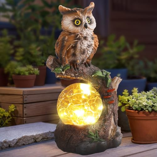 JJALIGHTS Solar Eulen Statue Wasserdicht Eulen Gartendekoration mit Wetterfest Eulenfigur mit Lichtern für Draußen Balkon Terrassen Geschenke für Frauen Mama Geburtstag