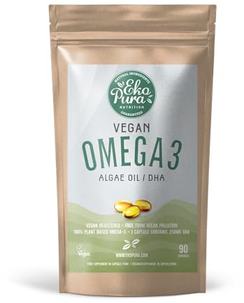 Ekopura Veganes Omega 3 Algenöl 90 Kapseln | 250mg DHA pro Kapsel | Unterstützung von Gehirn und Augen | GMO-frei | pflanzliche Alternative zu Fischöl | 3 Monatsvorrat (1 Kapsel pro Tag)