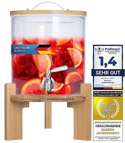Premium Getränkespender mit Zapfhahn aus Edelstahl & Bambus-Ständer – 5L Wasserspender Glas für eiskalte Erfrischungen – Auslaufsicheres Bowle Gefäß mit Deckel für Party, Kinder, Limonade & Saft