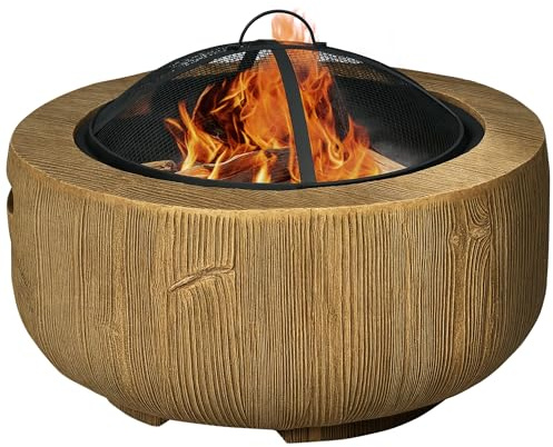 Outsunny Feuerschale, Feuerstelle mit Deckel, Feuerkorb mit Schürhaken, im Baumstumpf-Design, für Garten, Camping, Terrasse, Stahl, MgO, Braun