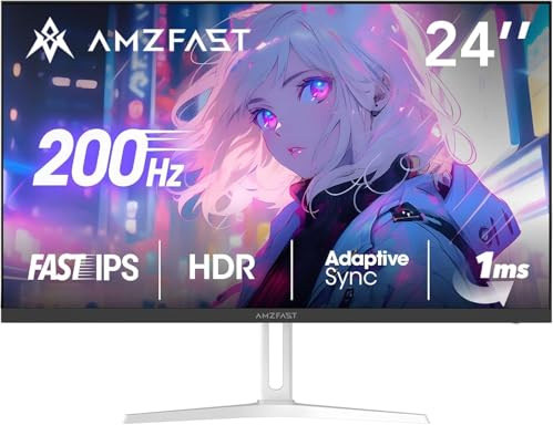 Amzfast 24 Zoll Gaming Monitor-200Hz, FHD 1920x1080, Fast IPS Monitor, 1ms MPRT, 110% sRGB, Anti-Blaulicht, HDR, Adaptive Sync, VESA 100x100, HDMI 2.0/DP 1.4, Weiß- AMZG24X1W