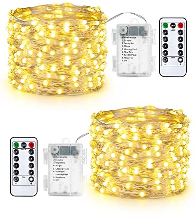 Qedertek Lichterkette Außen Batterie - 2 Stück 100 LED Silberdraht Micro Lichterkette Wasserdicht 10M Lichterkette Weihnachtsbaum Warmweiß mit Fernbedienung für Außen Innen Garten Hochzeit Balkon