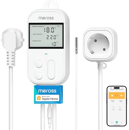 Meross Temperaturregler Smart Thermostat Steckdose für HomeKit Digital WLAN WiFi Heizungsthermostat Steckdose mit Fühler für Heizung und Kühlung 16 A, 2,4GHz, Weiss