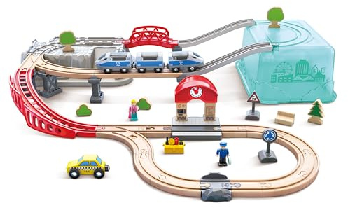 Hape Eisenbahnwelt Stadtbahn - mit Aufbewahrungsbox, Bahn-Set mit Schienen, Tunnel, Zubehör & Fahrzeugen, Montessori-Spielzeug, Kreatives Bauen und Spielen, 48 Teile, für Kinder ab 3 Jahren