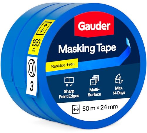 GAUDER Malerkrepp für präzise Farbkanten - Kreppband für Malerarbeiten - Malerband & Abdeckband blau - Abklebeband Maler Washi-Papier - Masking Tape - Klebeband Malertape (3 Rollen - 24 mm x 50 m)