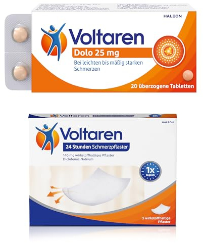 Voltaren Schmerzlinderndes Bundle: Dolo 25mg Tabletten (20 Stk.) & Schmerzpflaster mit Diclofenac (5 Pflaster) gegen Muskelschmerzen, Nacken-, Gelenk-, Schulter- und Rückenschmerzen