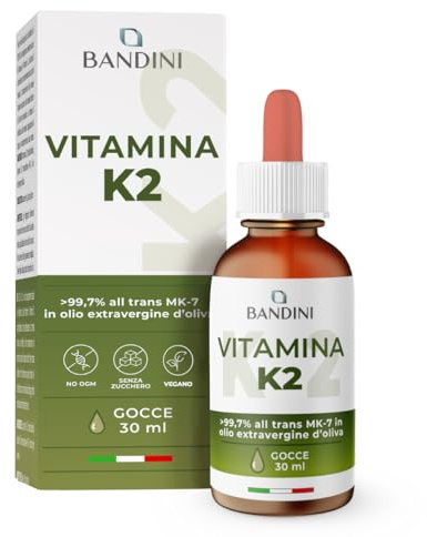 Bandini® Vitamin K2 MK7 200 µg pro Tropfen | Höchster all-trans-Gehalt 99,7% MK-7 Menaquinon | gelöst in extra nativem Olivenöl | Hohe Bioverfügbarkeit | Hochdosiert, vegan, 30ml (840 Tropfen)