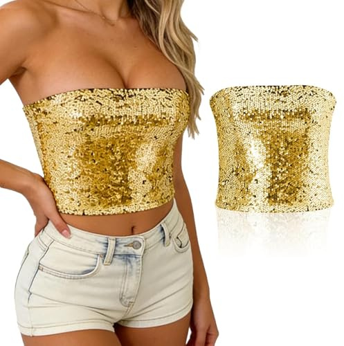 UILYNIU Pailletten Oberteil Damen Glitzer Pailletten Tank Top Trägershirt Damen Tube Top Ärmellos Bandeau Top für Fasching Party (DE/NL/SE/PL, Alphanumerisch, M, L, Regular, Regular, Goldene)