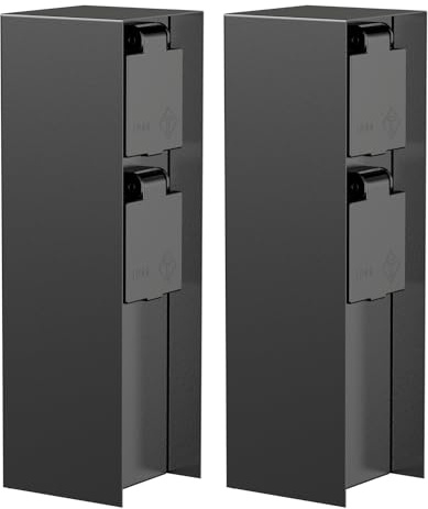 ledscom.de 2X Garten Steckdosensäule POMI für außen, IP44, 2-Fach, Edelstahl, schwarz, eckig, 23 cm
