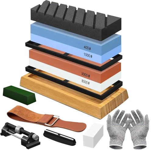 UCAMP Schleifstein Abziehstein,Schleifstein Set,Doppelseitig 400/1000 und 3000/8000 Grit Messerschärfer,mit Rutschfeste Unterlage,Winkelführung,Lederriemen,Schnittschutz Handschuhe,Polierpaste