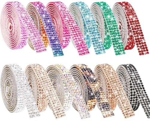 NiArt Strassband Selbstklebend 12 Rollen Kristall Glitzersteine 12 Farben | 1,5 cm Breites Diamantband Mit Starkem Kleber, Zuschneidbar Für Auto, Handy, Schuhe, Kleidung & Festliche Dekoration