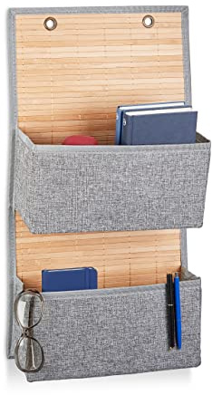 Relaxdays Hängeaufbewahrung Bad und Flur, 33 cm Breite Türgarderobe mit faltbaren Fächern, Bambus und Stoff, grau