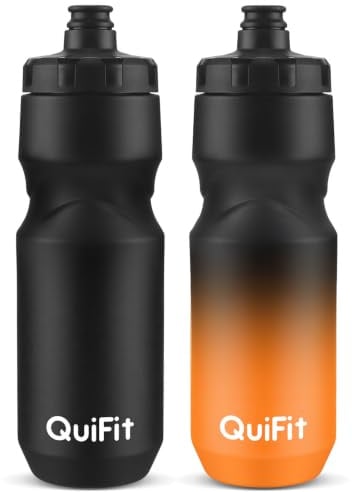 QuiFit Trinkflasche 710ml BPA Frei, Fahrrad Trinkflasche, Rennrad Flasche 2er Pack, Wasserflasche Sport Auslaufsicher Leichtgewicht für Gym, Radfahren, Outdoor, Wandern(Black+Black Orange(2pcs))
