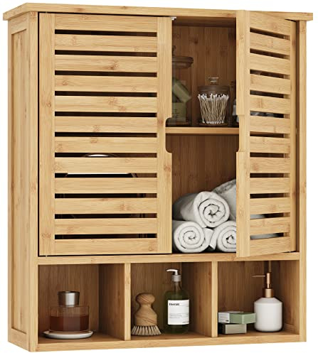 VIAGDO Hängeschränke fürs Bad, Wandschrank aus Holz, 59x21x67cm | Medizinschrank, 2 Türen, Verstellbare Regale, Badezimmerschrank Hängend mit 3 Fächern, Badschrank Wandmontage