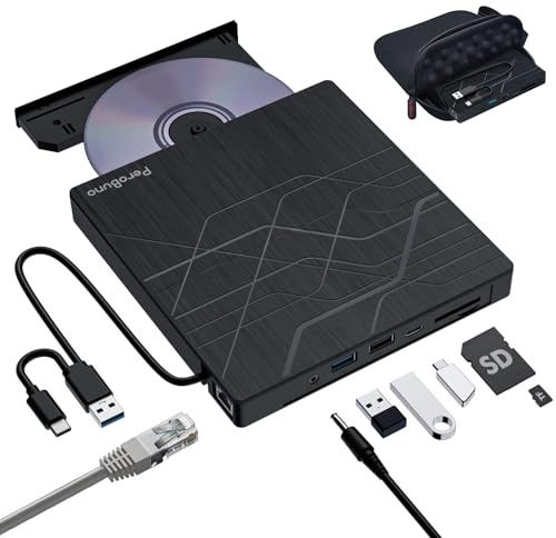 Super Externes DVD Laufwerk, USB 3.0 CD Brenner mit Ethernet Adapter, 3 USB und 2 TF/SD Kartenslots, Externe Optische Laufwerke und CD Player für Laptop, PC, Windows, Linux, Mac OS mit Tragetasche