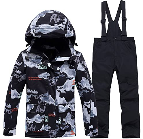 SXSHUN Unisex Kinder Skianzug mit Kapuze Schneeanzug Mädchen Jungen Funktionsanzug 2 teilig Schneejacke + Schneehose Wasserdicht Verdickte