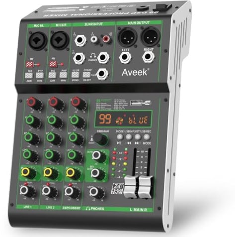 Aveek Audio Mixer,Professionelles Soundboard-Mischpult mit USB-Stick/Bluetooth/Computer/4-Kanal-Stereo-Eingang DJ Mixer,48V Phantom Digital 99 DSP-Effekt für PC-Aufnahme Karaoke Studio Streaming