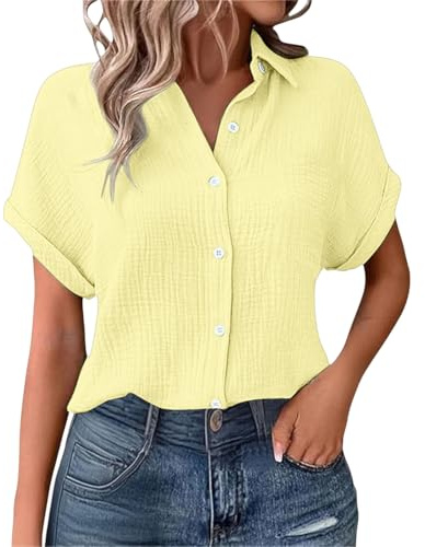 Nuoke Musselin Bluse Damen Shirts Bluse Elegant Tunics Sommer Tshirt Kurzarm Leinen Knopf Bluse Lange Oversized T-Shirt Casual für Leggings