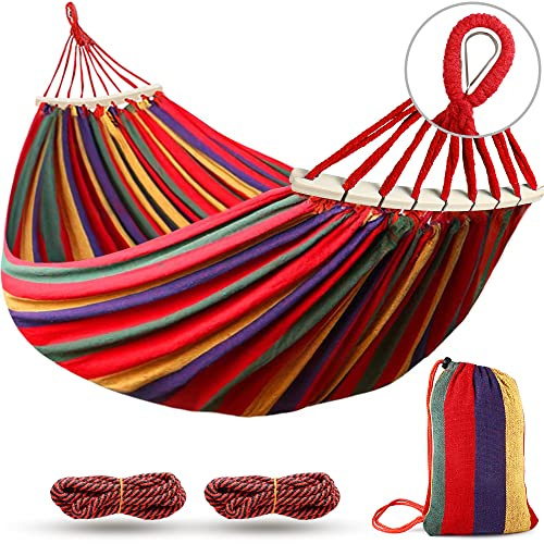 MOSFiATA Hängematte Outdoor Camping Hängematte mit gebogener Holzstange, Befestigungsgurte und Tragetasch für Indoor, Balkon, Terrasse, Garten, Rucksackreisen