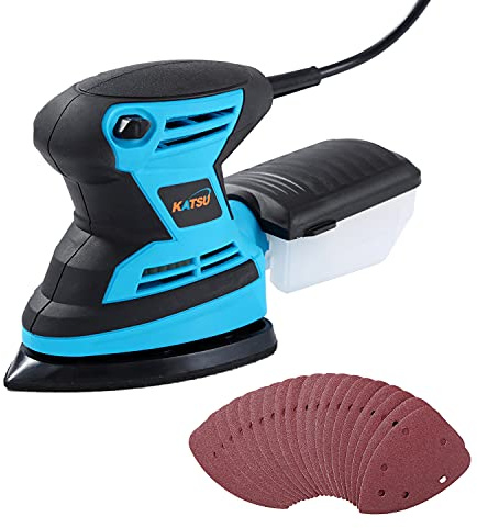 KATSU Multischleifer 200W 15500 RPM Deltaschleifer elektrischer Handflächenschleifer mit Staubsammler und 20 Stück Schleifpapier für Ecke Kante, Metal Holz 100174