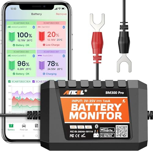 ANCEL BM300Pro Batteriewächter 6V/12V/24V Bluetooth5.3 Batterie Überwachung | Batteriemonitor KFZ Batterietester mit Lade-/Starttest, Alarm, IP67 Wasserdicht für LKW Auto Motorrad LiFePO4&leibatterien