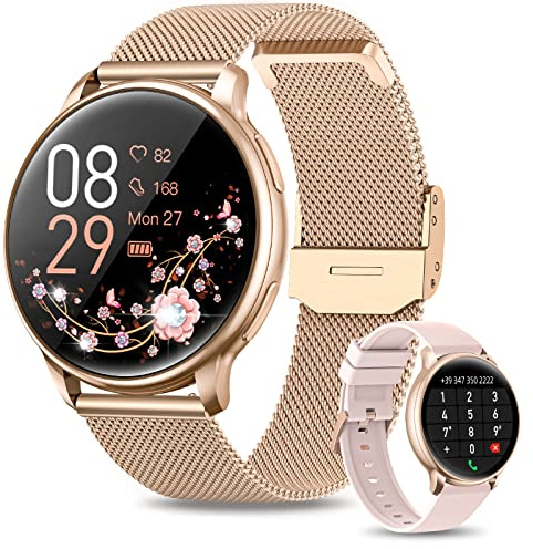 RUXINGX Damen Smartwatch mit Anruf Bluetooth 5.1/Wählen, Smartwatch IP68 mit weiblicher Funktion/SpO2/Herzfrequenz/Schlaf/19 Sportmodi/Musik-Player/Schrittzähler iOS Android Gold