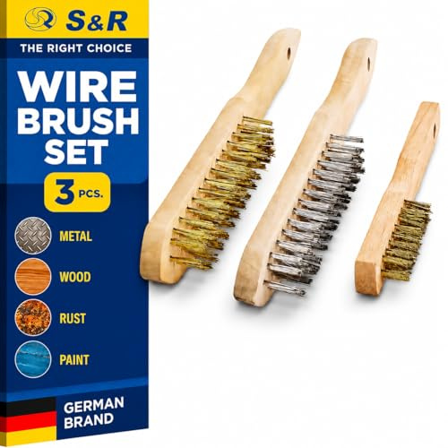 S&R Handdrahtbürste Set 3-tlg, Drahtbürsten mit Holzgriff, 1 Edelstahlbürste 290mm, 2 Messingbürsten 290mm / 180mm, für Metall, Holz, Grill, Industriebürste Metallbürste Handdrahtbürstensatz