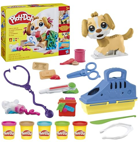 Play-Doh Tierarzt Spielset mit Spielzeughund, Tragebox und vielen weiteren Accessoires, 10 Werkzeuge und 5X Knetmasse in bunten Farben, kreatives für Kinder ab 2 Jahren