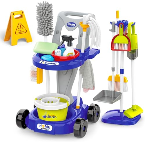 deAO Kinder Putzwagen ab 3+ Jahre mit Wischmop, Eimer, Besen, Staubsauger, Bürsten, Kehrschaufel, Handfeger, Reinigungswagen Set, Rollenspiel Haushaltsspielzeug, Cleaning Toy (Blau)