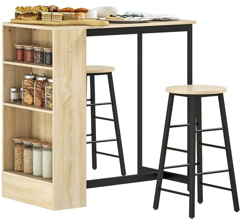 HOMCOM Bartisch Set Bartisch mit Barhocker-Set Küchentresen mit 2 Barstühlen und Fußstütze Moderner Küchentisch mit 4 Verstellbaren Ablagen für Küche, Esszimmer, Eiche