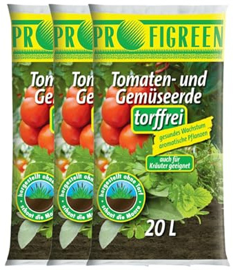 Profigreen Tomatenerde torffrei mit nachhaltigem Langzeitdünger - Gartenerde mit Natur Dünger für Tomaten & andere Gemüsesorten - Pflanzerde mit Bodenhilfsstoff für Tomatenpflanzen (60 Liter)