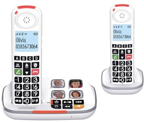 SWISSVOICE - Xtra 2355 Duo - DECT - Schnurloses Festnetztelefon - Große Tasten - Anrufbeantworter - Audio Boost - Kompatibel mit Hörgeräten - Anrufblockierung - 2 Mobilteile - Weiß