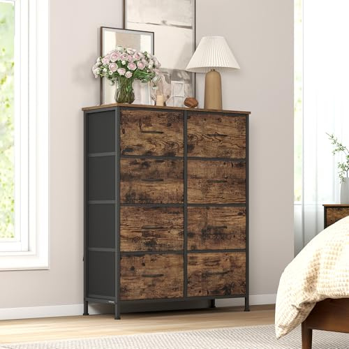 SONGMICS Kommode, Schrank, 8 Stoffschubladen, Aufbewahrungsschrank, Stahl, MDF, Vliesstoff, für Schlafzimmer, Flur, Wohnzimmer, vintagebraun-tintenschwarz LGS124BH04