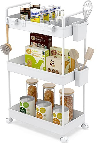 Ronlap Rollwagen Küchewagen mit 3 Ebenen, Servierwagen mit Aufhängebecher, Separator, Haken, Regal auf Rollen für Küche, Schlafzimmer, Büro, Weiß