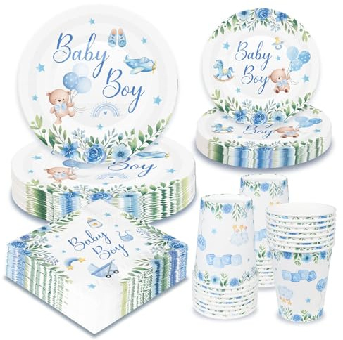 WenmthG Babyparty Deko Junge, 100 Stück Baby Shower Deko mit Servietten Pappteller Bescher - Babyshowerparty Deko Junge - its a boy Deko