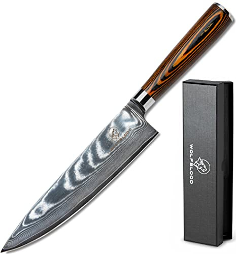 Wolfblood Damastmesser XL 32 cm Chefmesser aus echtem 67 Lagen Damaststahl | 62±2 HRC TÜV-geprüfter, optimierter VG-10 Stahl | Damast Küchenmesser 32 cm mit 19 cm Klinge, Klingenschutz & Geschenkbox