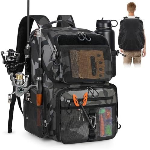 RAINSMORE Angelrucksack 45L mit Rutenhalter wasserdichte Angeltasche Herren 900D Polyester Rucksack für Angelausrüstung mit Regenschutz & Kühlfach Geschenk für Angler