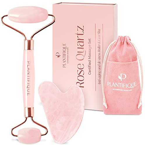 PLANTIFIQUE Rosenquarz Gesichtsroller und Gua Sha Stein Set - Face Roller & Guasha für Gesichtsmassage und reduziert Schwellungen - Face Massager - Massagesteine Gesicht