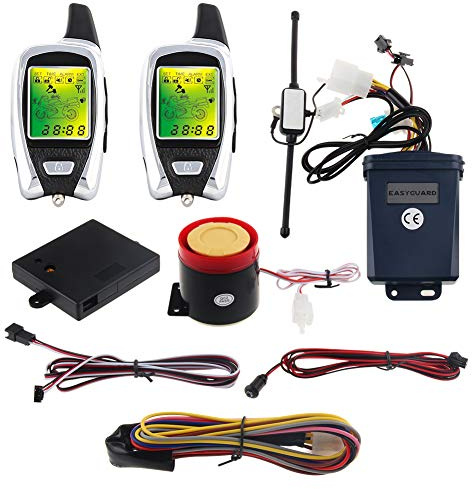 Easyguard EM209 2-Wege-Motorrad-Alarmanlage mit Fernbedienung Motorstart-Mikrowellensensor, farbiges LCD-Pager-Display, Stoßsensor, Näherungssensor inklusive Universalversion 12 V Gleichstrom