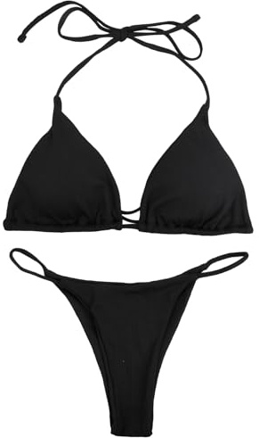 Wisebom Damen Bikini Set Zweiteiliger Badeanzug Bikini Bikini Damen Neckholder Triangel String Bikini Set mit Brustpolster Schwarz