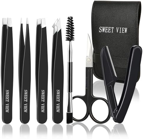 SWEET VIEW 7 Stück Pinzetten-Set, Augenbrauenzupfer für Frauen und Männer Gesicht, Braue, Kinn, eingewachsene Haare (Schwarz)